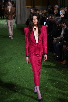 Valentino Runway - Rome A model walks the runway at Italian fashion house Valentino Show ‘Interferenze’ Fall Winter 2026 collection at Palazzo Barberini in Rome, Italy on March 12, 2026, two months after the death of founder Valentino Garavani. Italian fashion house Valentino returned to its roots with an evocative catwalk show held in the galleries of the Palazzo Barberini, a Baroque palace now home to masterpieces of the greatest artists of the Renaissance. Photo by Eric Vandeville ABACAPRESS.COM Rome Italy  Copyright: xVandevillexEric ABACAx