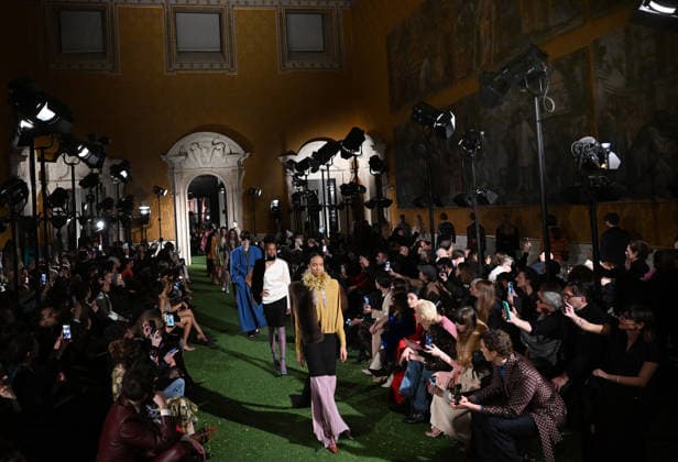 Valentino Runway - Rome A model walks the runway at Italian fashion house Valentino Show ‘Interferenze’ Fall Winter 2026 collection at Palazzo Barberini in Rome, Italy on March 12, 2026, two months after the death of founder Valentino Garavani. Italian fashion house Valentino returned to its roots with an evocative catwalk show held in the galleries of the Palazzo Barberini, a Baroque palace now home to masterpieces of the greatest artists of the Renaissance. Photo by Eric Vandeville ABACAPRESS.COM Rome Italy  Copyright: xVandevillexEric ABACAx