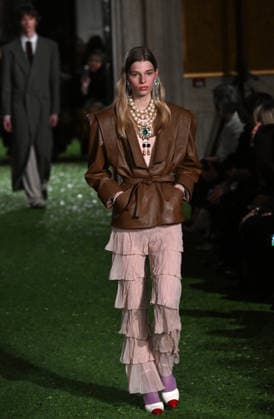 Valentino Runway - Rome A model walks the runway at Italian fashion house Valentino Show ‘Interferenze’ Fall Winter 2026 collection at Palazzo Barberini in Rome, Italy on March 12, 2026, two months after the death of founder Valentino Garavani. Italian fashion house Valentino returned to its roots with an evocative catwalk show held in the galleries of the Palazzo Barberini, a Baroque palace now home to masterpieces of the greatest artists of the Renaissance. Photo by Eric Vandeville ABACAPRESS.COM Rome Italy  Copyright: xVandevillexEric ABACAx