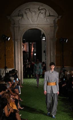 Valentino Runway - Rome A model walks the runway at Italian fashion house Valentino Show ‘Interferenze’ Fall Winter 2026 collection at Palazzo Barberini in Rome, Italy on March 12, 2026, two months after the death of founder Valentino Garavani. Italian fashion house Valentino returned to its roots with an evocative catwalk show held in the galleries of the Palazzo Barberini, a Baroque palace now home to masterpieces of the greatest artists of the Renaissance. Photo by Eric Vandeville ABACAPRESS.COM Rome Italy  Copyright: xVandevillexEric ABACAx
