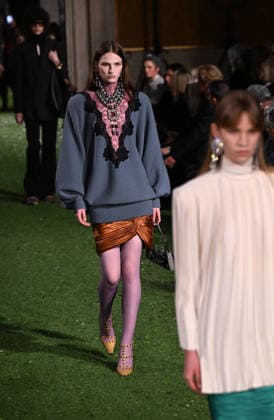 Valentino Runway - Rome A model walks the runway at Italian fashion house Valentino Show ‘Interferenze’ Fall Winter 2026 collection at Palazzo Barberini in Rome, Italy on March 12, 2026, two months after the death of founder Valentino Garavani. Italian fashion house Valentino returned to its roots with an evocative catwalk show held in the galleries of the Palazzo Barberini, a Baroque palace now home to masterpieces of the greatest artists of the Renaissance. Photo by Eric Vandeville ABACAPRESS.COM Rome Italy  Copyright: xVandevillexEric ABACAx