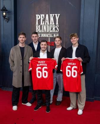 Cinema, movie premiere of Peaky Blinders, The Immortal Man at Kino International in Berlin, in the picture from left goalkeeper Carl Klaus 1 FC Union Berlin , Andrej Ilic 1 FC Union Berlin , Josip Juranovic 1 FC Union Berlin , Andrej Ilic 1 FC Union Berlin , Aljoscha Kemlein 1 FC Union Berlin with jerseys with the flocks 66 as well as Peaky Blinders and Shelby 12 03 2026, Copyright: xMatthiasxKochx