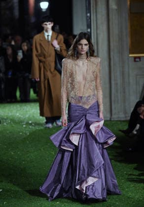 Valentino Runway - Rome A model walks the runway at Italian fashion house Valentino Show ‘Interferenze’ Fall Winter 2026 collection at Palazzo Barberini in Rome, Italy on March 12, 2026, two months after the death of founder Valentino Garavani. Italian fashion house Valentino returned to its roots with an evocative catwalk show held in the galleries of the Palazzo Barberini, a Baroque palace now home to masterpieces of the greatest artists of the Renaissance. Photo by Eric Vandeville ABACAPRESS.COM Rome Italy  Copyright: xVandevillexEric ABACAx