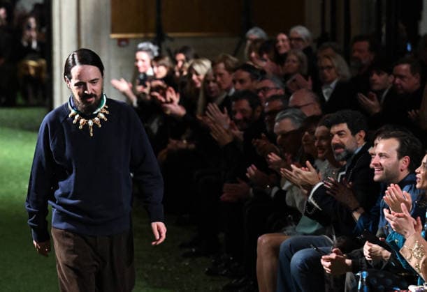 Valentino Runway - Rome Valentino s Creative Designer Alessandro Michele greets the audience at the end of Italian fashion house Valentino Show ‘Interferenze’ Fall Winter 2026 collection at Palazzo Barberini in Rome, Italy on March 12, 2026, two months after the death of founder Valentino Garavani. RIGHT: Italian actor Pierfrancesco Favino. Italian fashion house Valentino returned to its roots with an evocative catwalk show held in the galleries of the Palazzo Barberini, a Baroque palace now home to masterpieces of the greatest artists of the Renaissance. Photo by Eric Vandeville ABACAPRESS.COM Rome Italy  Copyright: xVandevillexEric ABACAx