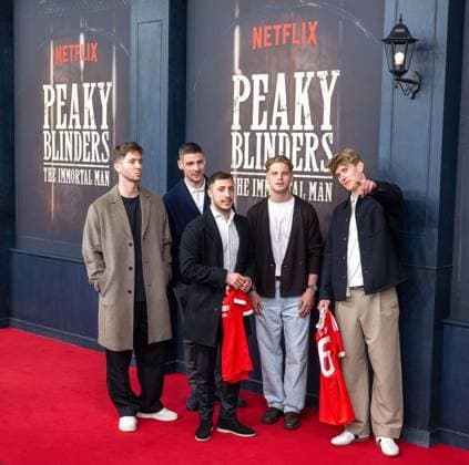 Cinema, movie premiere of Peaky Blinders, The Immortal Man at Kino International in Berlin, in the picture from left goalkeeper Carl Klaus 1 FC Union Berlin , Andrej Ilic 1 FC Union Berlin , Josip Juranovic 1 FC Union Berlin , Andras Schäfer 1 FC Union , Aljoscha Kemlein 1 FC Union Berlin with jerseys with the flocks 66 as well as Peaky Blinders and Shelby 12 03 2026, Copyright: xMatthiasxKochx