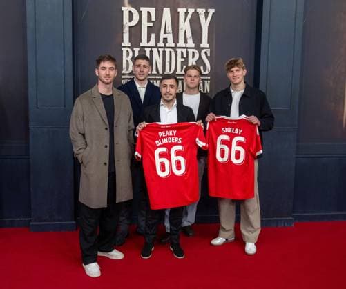 Cinema, movie premiere of Peaky Blinders, The Immortal Man at Kino International in Berlin, in the picture from left goalkeeper Carl Klaus 1 FC Union Berlin , Andrej Ilic 1 FC Union Berlin , Josip Juranovic 1 FC Union Berlin , Andras Schäfer 1 FC Union , Aljoscha Kemlein 1 FC Union Berlin with jerseys with the flocks 66 as well as Peaky Blinders and Shelby 12 03 2026, Copyright: xMatthiasxKochx