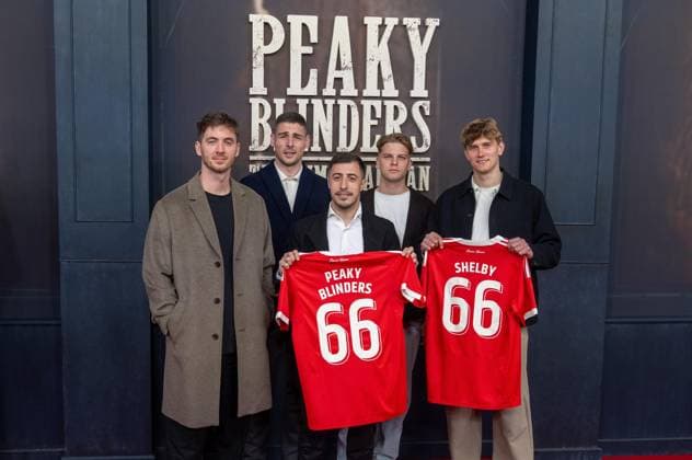 Cinema, movie premiere of Peaky Blinders, The Immortal Man at Kino International in Berlin, in the picture from left goalkeeper Carl Klaus 1 FC Union Berlin , Andrej Ilic 1 FC Union Berlin , Josip Juranovic 1 FC Union Berlin , Andras Schäfer 1 FC Union , Aljoscha Kemlein 1 FC Union Berlin with jerseys with the flocks 66 as well as Peaky Blinders and Shelby 12 03 2026, Copyright: xMatthiasxKochx