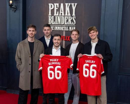 Cinema, movie premiere of Peaky Blinders, The Immortal Man at Kino International in Berlin, in the picture from left goalkeeper Carl Klaus 1 FC Union Berlin , Andrej Ilic 1 FC Union Berlin , Josip Juranovic 1 FC Union Berlin , Andras Schäfer 1 FC Union , Aljoscha Kemlein 1 FC Union Berlin with jerseys with the flocks 66 as well as Peaky Blinders and Shelby 12 03 2026, Copyright: xMatthiasxKochx
