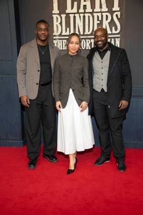 abb Melo Nsuka, Jenny Augusta and Aristo Luis as guests on the red carpet at the Netflix movie premiere of PEAKY BLINDERS THE IMMORTAL MAN at Kino International Berlin on Thursday 12 03 2026 in Berlin Berlin Germany