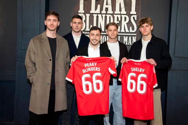 abb Carl Klaus, Andre Ilic, Josip Juranovic and Aljoscha Kemlein with soccer jersey Union Berlin with back number 66 on the red carpet at the Netflix movie premiere of PEAKY BLINDERS THE IMMORTAL MAN at Kino International Berlin ,Berlin 12 03 2026 Berlin Germany