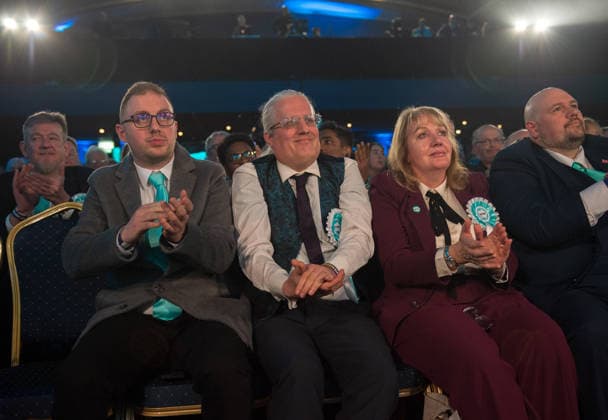 March 12, 2026, Swindon, Wiltshire, UK: Swindon, UK. Reform candidates listen to Nigel Farage, the leader of the political party Reform UK, at a Reform UK Swindon Local Election Rally with local MP Danny Kruger and hosted by Reform Chairman Dr. David Bull at the Meca Swindon venue, in the run up to the local elections in May. Swindon UK  - ZUMAl94_ 20260312_zaf_l94_036 Copyright: xSimonxChapmanx