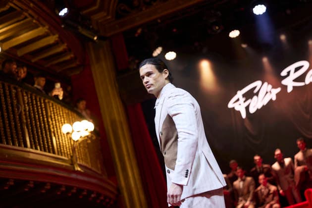 Félix Ramiro presents his new collection at OMODA Madrid es Moda A model during a fashion show presenting the new collection of Félix Ramiro, at the Teatro Magno, on March 14, 2026, in Madrid Spain The firm founded by Félix Ramiro presents its new collection at OMODA Madrid es Moda Félix Ramiro is a mens design firm with more than three decades of experience, recognized for its combination of avant-garde, tradition and craftsmanship, tradition and craftsmanship Specializing in suits for groom, ceremony, executive and sport, stands out for the quality and precision of its garments Its founder, Felix Ramiro, discovered his vocation as a tailor in the 80s and, after training and obtaining national recognition, started in 1988 a brand that tod Copyright: xJesusxHellinx 7365719
