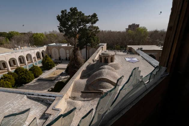 Damaged Historic Fabric Of Isfahan Amid U.S.-Israeli Attacks Blue-and-white shield signs, officially known as the Blue Shield, are installed on the rooftop of a historical site damaged by an explosion wave from an airstrike during the United States-Israeli military campaign in Iran, near the Provincial Governor s Office in Isfahan, 450 km (280 miles) south of Tehran, on March 11, 2026. The site is located a hundred meters from the city s historic fabric. Tehran Iran  Copyright: xMortezaxNikoubazlx originalFilename: nikoubazl-damagedh260311_npNDy.jpg