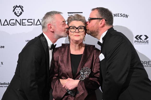 Czech Film and Television Academy (CFTA) presents Czech Lion annual film awards at the 33rd annual ceremony in Congress Centre Prague, on March 14, 2026. The Czech Lion for outstanding contribution to Czech cinema was awarded to Helena Bezdek Frankova, Director of the State Audiovisual Fund. The award was presented to her by actor Jiri Dvorak, left, and composer Petr Ostrouchov, right. (CTKxPhoto MichalxKamaryt) CTKPhotoP2026031406997  CTKPhotoP2026031406997