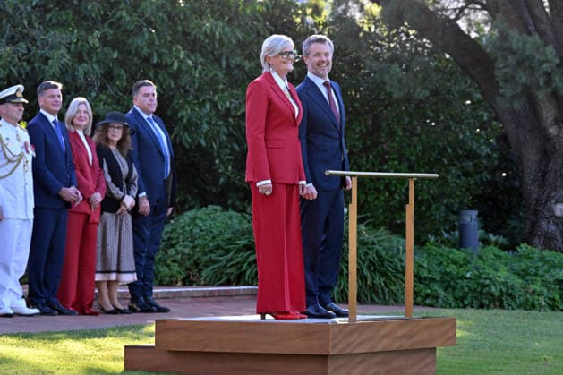 DENMARK ROYALS AUSTRALIA VISIT, Denmark s King Federik X and Australia™s Governor-General Sam Mostyn during a Ceremonial Welcome at Government House in Canberra, Sunday, March 15, 2026. ( NO ARCHIVING CANBERRA AUSTRALIAN CAPITAL TERRITORY AUSTRALIA  Copyright: xMICKxTSIKASx 20260315157568449132