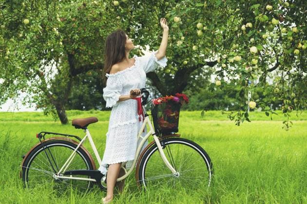 Schöne Frau auf dem Fahrrad pflückt frische Äpfel vom Baum im Dorfgarten Lovely woman on the bicycle is picking fresh apples from the tree in the village garden Copyright: imageBROKER blackday ibxiqx16982552.jpg ,model released, Symbolfoto ,property released