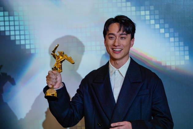 HONGKONG-ENT ASIA-FILM-AWARDS Hong Kong Actor Terrance Lau Chun-him, holing a trophy posing for a photo at the Asian Film Awards in Hong Kong, March 15, 2026. NEXPHER Vernon Yuen HONG KONG