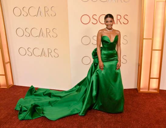 Charithra Chandran arrives on the red carpet for the 98th annual Academy Awards in the Hollywood section of Los Angeles on Sunday, March 15, 2026. Conan O Brien will host the Oscars for the second consecutive year.  LAP20260315136 JIMxRUYMEN