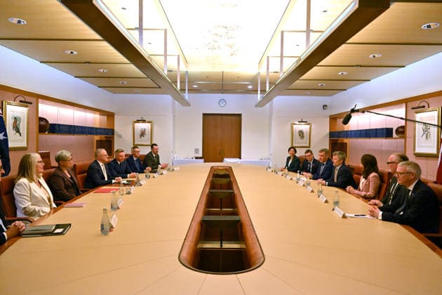 DENMARK ROYALS AUSTRALIA VISIT, Denmark s King Frederik X and Queen Mary meet with Australia™s Prime Minister Anthony Albanese at Parliament House in Canberra, Monday, March 16, 2026. ( NO ARCHIVING CANBERRA AUSTRALIAN CAPITAL TERRITORY AUSTRALIA  Copyright: xMICKxTSIKASx 20260316111540641755