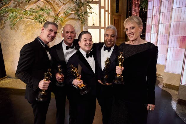 Al Nelson, Gareth John, Gary Rizzo, Juan Peralta, and Gwendolyn Yates Whittle pose backstage with the OscarÂ® for Sound during the 98th OscarsÂ® at DolbyÂ® Theatre at Ovation Hollywood on Sunday, March 15, 2026. Los Angeles CA USA  350081303PLX