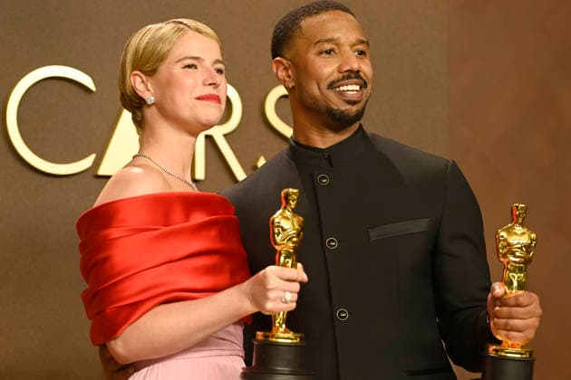 HOLLYWOOD, CA - MARCH 15: Jessie Buckley and Michael B. Jordan in the press room at the 98th Oscars at Dolby Theatre on March 15, 2026 in Hollywood, California. Copyright: xMediaPunchx