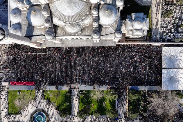 Funeral ceremony held for Turkish historian and author Prof. Dr. Ilber Ortayli??????? ISTANBUL, TURKIYE - MARCH 16: An aerial view of a funeral ceremony held at Fatih Mosque for historian, academic and author Prof. Dr. Ilber Ortayli, who lost his life at the age of 78 while receiving treatment at a hospital in Istanbul, Turkiye on March 16, 2026. Cemal Yurttas Anadolu Istanbul Turkey. Editorial use only. Please get in touch for any other usage.  Copyright: x2026xAnadoluxCemalxYurttasx