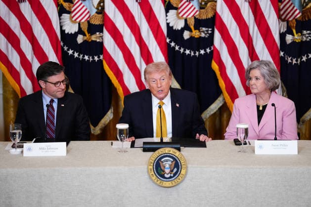 President Trump Holds Press Conference Prior to Kennedy Center Board Meeting Speaker of the House Mike Johnson, R-LA, and White House Chief of Staff Susie Wiles look on as President Donald Trump speaks during a meeting with trustees of the John F. Kennedy Center for Performing Arts in the East Room of the White House in Washington, DC on Monday, March 16, 2026. The board is set to vote on plans to close the institution for two years for renovations starting July 6. Photo by Aaron Schwartz Pool ABACAPRESS.COM WASHINGTON DC United States  Copyright: xPool ABACAx