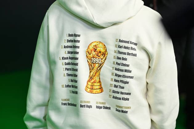 Hoody by Pierre Littbarski with the names of the world champions 1990 Premiere EIN SOMMER IN ITALIEN WM 1990 am 16 03 20226 im Mathaeser Kino in Muenchen Roter Teppich,Red Carpet