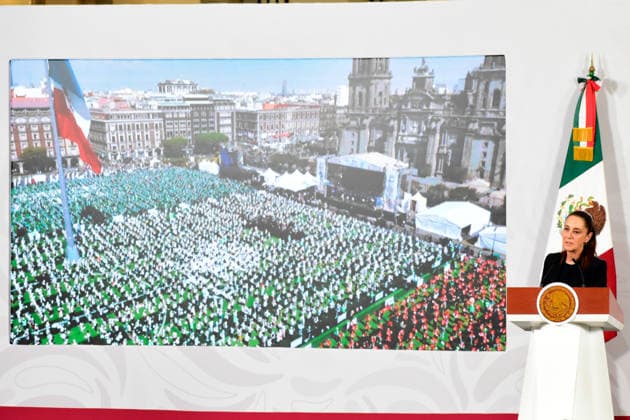 Mexico™s President Claudia Sheinbaum Briefing Mexican President Claudia Sheinbaum Pardo speaks during a press conference about the Guinness World Record for the world s largest soccer class at the National Palace. on March 16, 2026 in Mexico City, Mexico. Mexico City CDMX Mexico Copyright: xLuisxBarronx