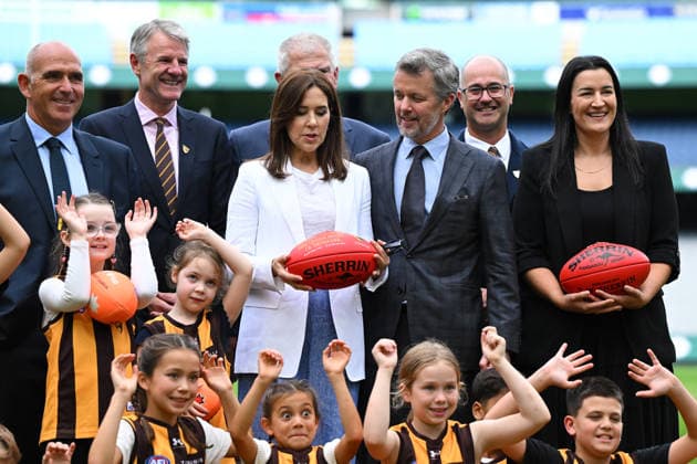 DENMARK ROYALS AUSTRALIA VISIT, (L-R) MCC CEO Stuart Fox, Hawthorn Football Club President Andy Gowers, Denmark s Queen Mary, Denmark s King Frederik X, Hawthorn Football Club CEO Ashley Klein, AFL Executive General Manager, Laura Kane during a visit to the MCG in Melbourne, Tuesday, March 17, 2026. ( NO ARCHIVING Melbourne Victoria Australia Copyright: xJamesxRossx 20260317125358868613