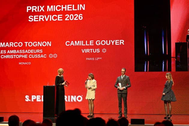 Camille Gouyer and chef Frederic Lorimier, accompanied by Eva Moreau, San Pellegrinos marketing manager, received the Michelin Room Service Award and the second star for their restaurant Virtus Cérémonie des remises des Etoiles Michelin 2026 au Grimaldi Forum à Monaco le 16 mars 2026 1 étoile, 7 nouveaux 2 étoiles et 1 nouveau 3 étoiles pour lédition 2026 Bruno Bebert Bestimage Michelin Star Awards Ceremony 2026 at the Grimaldi Forum in Monaco on March 16, 2026 Monaco Monaco  Copyright: xBrunoxBebertx xBestimagexBrunoxBebertx xBestimagex