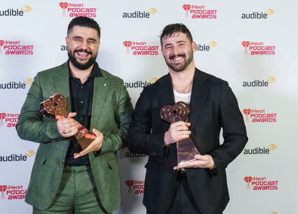 March 16, 2026: Austin, Texas. 2026 IHeartPodcast Awards, winners pose with their awards. Joe Santagato & Frankie Alvarez - for Best Comedy & Best Ensemble, - The Basement Yard.  - ZUMAda1_ 20260316_zap_da1_079 Copyright: xSandraxDahdahx