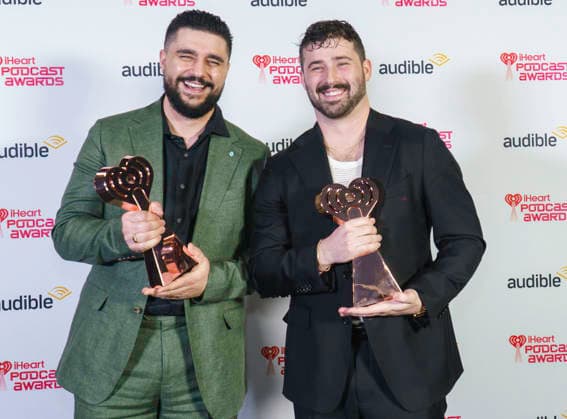 March 16, 2026: Austin, Texas. 2026 IHeartPodcast Awards, winners pose with their awards. Joe Santagato & Frankie Alvarez - for Best Comedy & Best Ensemble, - The Basement Yard.  - ZUMAda1_ 20260316_zap_da1_066 Copyright: xSandraxDahdahx
