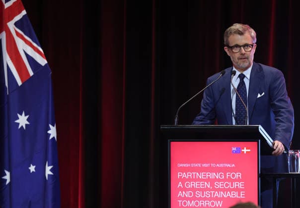 DENMARK ROYALS AUSTRALIA VISIT, King Frederik X of Denmark speaks during the ˜Partnering for a Green, Secure and Sustainable Tomorrow™ event in Melbourne, Wednesday, March 18, 2026. ( NO ARCHIVING Melbourne Victoria Australia  Copyright: xJessexThompsonx 20260318192086975862