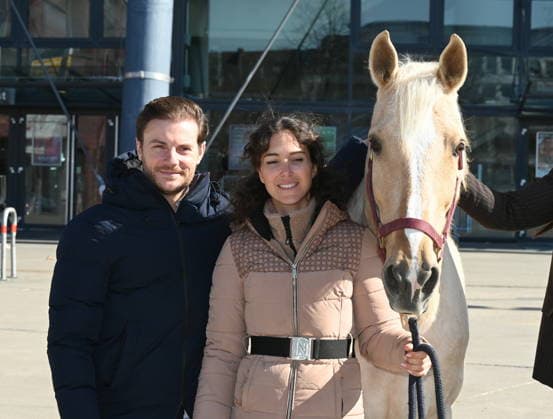 Horse trainer and rider Laury Tisseur and Kenzie Dysli ,l r, with their horse Camillo at the press conference for the horse show CAVALLUNA Gateway to the Otherworld, which is coming to Cologne in May