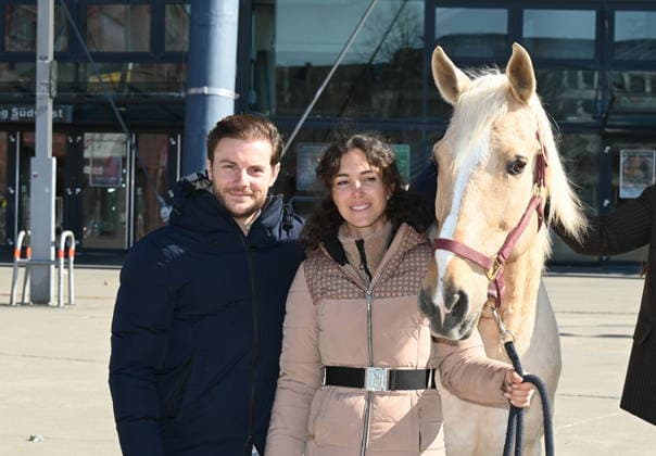 Horse trainer and rider Laury Tisseur and Kenzie Dysli ,l r, with their horse Camillo at the press conference for the horse show CAVALLUNA Gateway to the Otherworld, which is coming to Cologne in May