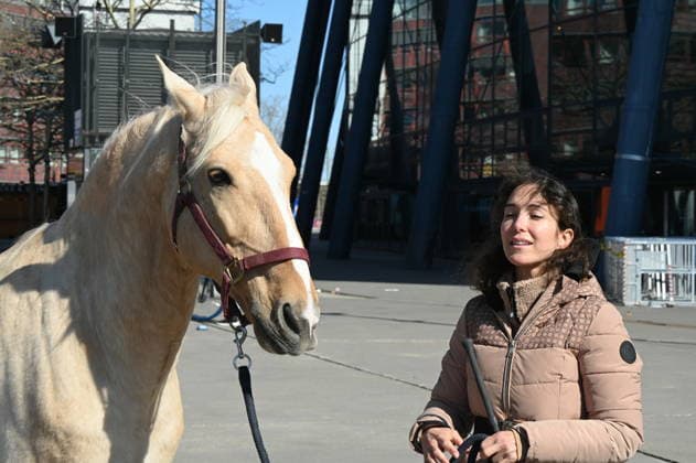 Horse trainer and rider Kenzie Dysli with her horse Camillo at the press conference for the horse show CAVALLUNA Tor zur Anderswelt, which is coming to Cologne in May