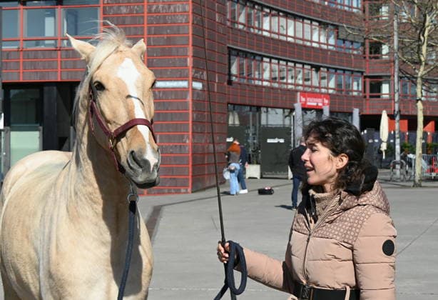 Horse trainer and rider Kenzie Dysli with her horse Camillo at the press conference for the horse show CAVALLUNA Tor zur Anderswelt, which is coming to Cologne in May
