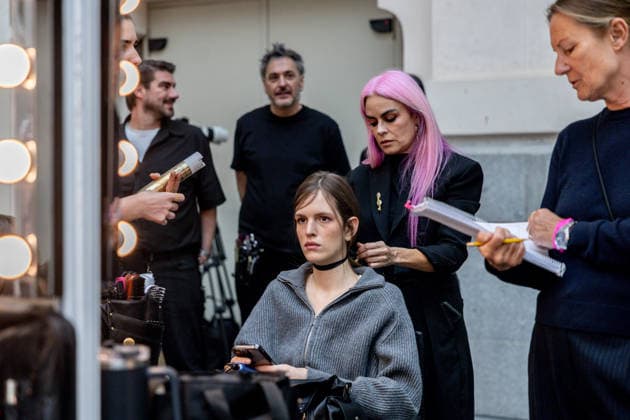 Isabel Sanchís fashion show at Mercedes Benz Fashion Week Madrid Several people work in the hair and makeup before the Isabel Sanchís fashion show at Mercedes Benz Fashion Week Madrid, March 18, 2026, in Madrid Spain The Isabel Sanchís fashion show is part of the opening day of Mercedes Benz Fashion Week Madrid 2026, dedicated to haute couture and sophistication, where the designer presents her new party and bridal proposals in the Crystal Gallery of the Palacio de Cibeles to specialized press and guests MARCH 18, 2026 FASHION SHOW MODEL MODEL DESIGNER SHOW COLLECTION MBFWM HAIRDRESSER MAKE UP BACKSTAGE Madrid Madrid Madrid Spain  Copyright: xRicardoxRubiox 7377571