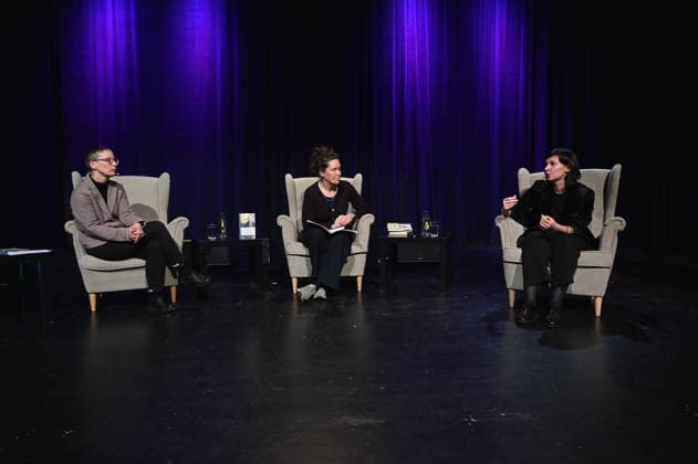 Author Claudia Dathe, Monika Rinck and Tanja Maljartschuk, l r, read and speak on stage at Lit Cologne, the international literary festival on the subject of writing in a forbidden language, the Ukrainian Library