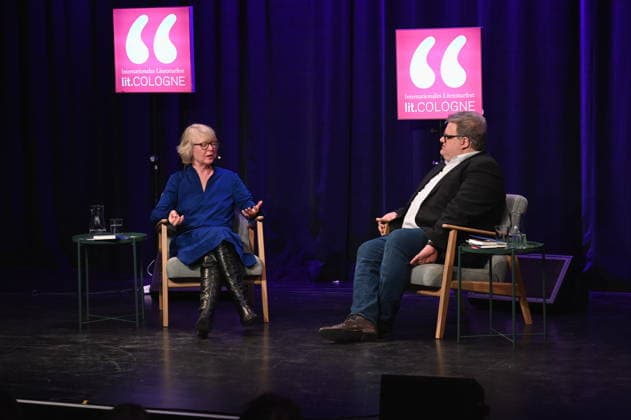 author Meike Winnemuth reads and the speaker, cultural manager and organizer Felix Mauser speaks at Lit Cologne, the international literature festival