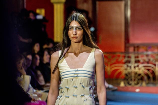 Teresa Helbig fashion show at Mercedes Benz Fashion Week Madrid A model during the Teresa Helbig fashion show at Mercedes Benz Fashion Week Madrid, March 18, 2026, in Madrid Spain The designer presents her new collection, characterized by handcrafted elegance, meticulous embroidery and a contemporary aesthetic MARCH 18, 2026 FASHION MODEL SHOW COLLECTION ELEGANCE EMBROIDERY MBFW Madrid Madrid Spain  Copyright: xRicardoxRubiox 7378766