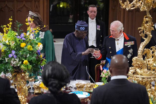 . 18 03 2026. Windsor , United Kingdom. King Charles III ,Queen Camilla, Prince William and Kate Middleton, the Prince and Princess of Wales, with President of Nigeria Bola Ahmed Tinubu and First Lady Oluremi Tinubu at a State Banquet at Windsor Castle, on the first day of their state visit to the UK.  xi-Imagesx xPoolx IIM-26645-0160