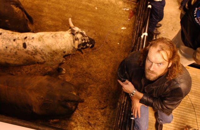 Bull Riders Celebrity Evening Feb 15, 2003; Anaheim, CA, USA; Last night at the Professional Bull Riders Celebrity Evening at the Arrowhead Pond in Anaheim: Actor TYLER MANE of X-Man fame (also Scorpion King) takes no bull next to the chutes where the riders mount their beasts.. Copyright: xMichaelxJacobsx