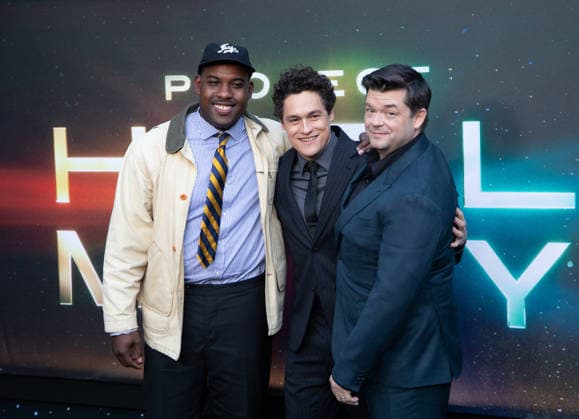Lionel Boyce, Phil Lord and Chris Miller arrive on the red carpet at the premiere of Project Hail Mary at Josie Robertson Plaza on Wednesday, March 18, 2026 in New York City.  NYP20260318507 SERENAxXUxNING
