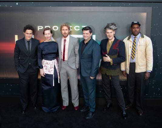 Phil Lord, Sandra Hüller, Ryan Gosling, Chris Miller, James Ortiz and Lionel Boyce arrive on the red carpet at the premiere of Project Hail Mary at Josie Robertson Plaza on Wednesday, March 18, 2026 in New York City.  NYP20260318510 SERENAxXUxNING