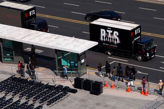 March 19, 2026, Seoul, South Korea: A BTS advertising truck drives past as as thousands of folding chairs are laid out at venue for the comeback concert of the K-pop boy band BTS in Gwanghwamun Square on Thursday, March 19, 2026 in Seoul, South Korea. All seven members of BTS, which has been on hiatus since 2022 due to compulsory military service, are returning in a free concert on March 21, 2026 for their upcoming new album ARIRANG. Seoul South Korea - ZUMAh163 20260319_znp_h163_004 Copyright: xJintakxHanx