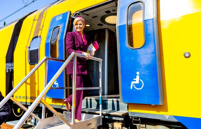19-03-2026 Haarlem Queen Maxima in a modernized train, travelling from Haarlem to Utrecht during the 11st Circular Economy Week, organized by the Groene Brein, in Haarlem and Utrecht. Â  Copyright: xPPEx