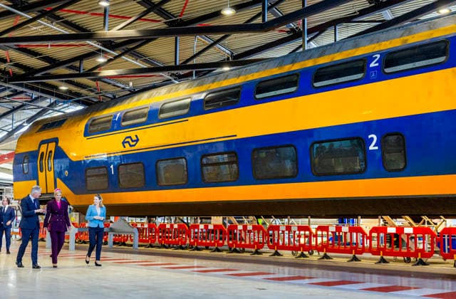 19-03-2026 Haarlem Queen Maxima in a modernized train, travelling from Haarlem to Utrecht during the 11st Circular Economy Week, organized by the Groene Brein, in Haarlem and Utrecht. Â  Copyright: xPPEx