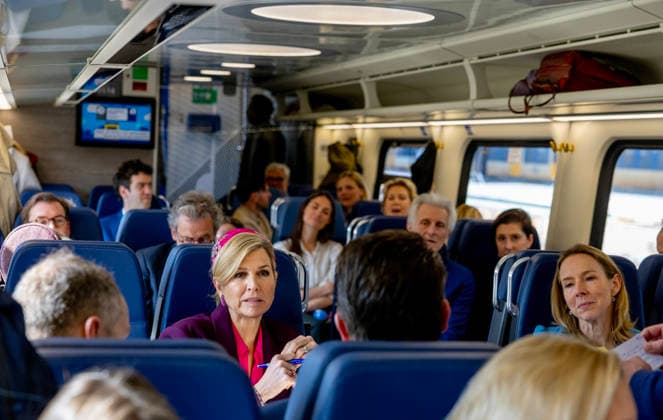19-03-2026 Haarlem Queen Maxima in a modernized train, travelling from Haarlem to Utrecht during the 11st Circular Economy Week, organized by the Groene Brein, in Haarlem and Utrecht. Â  Copyright: xPPEx